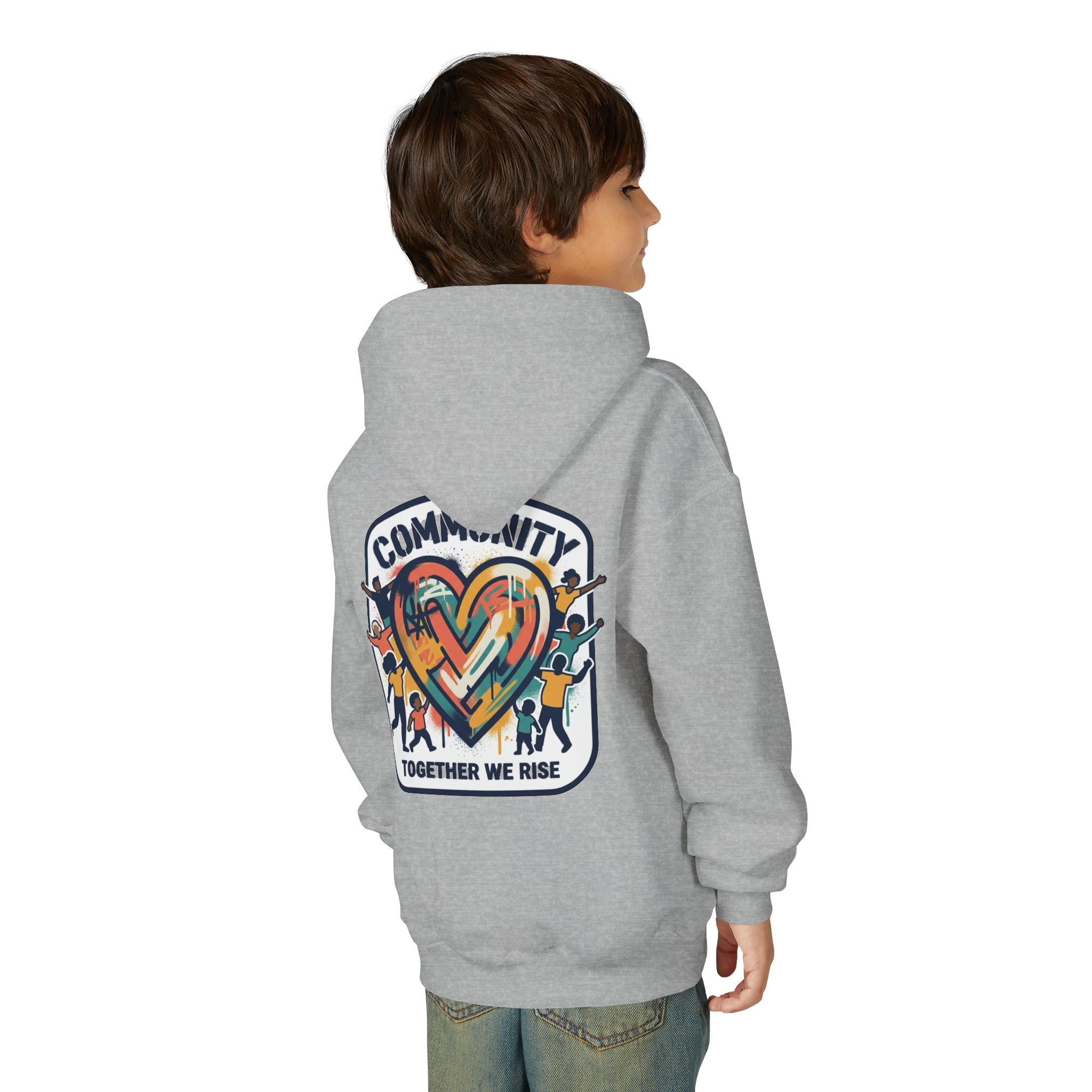 Youth Hoodie - "Community Together We Rise" Heart Graphic