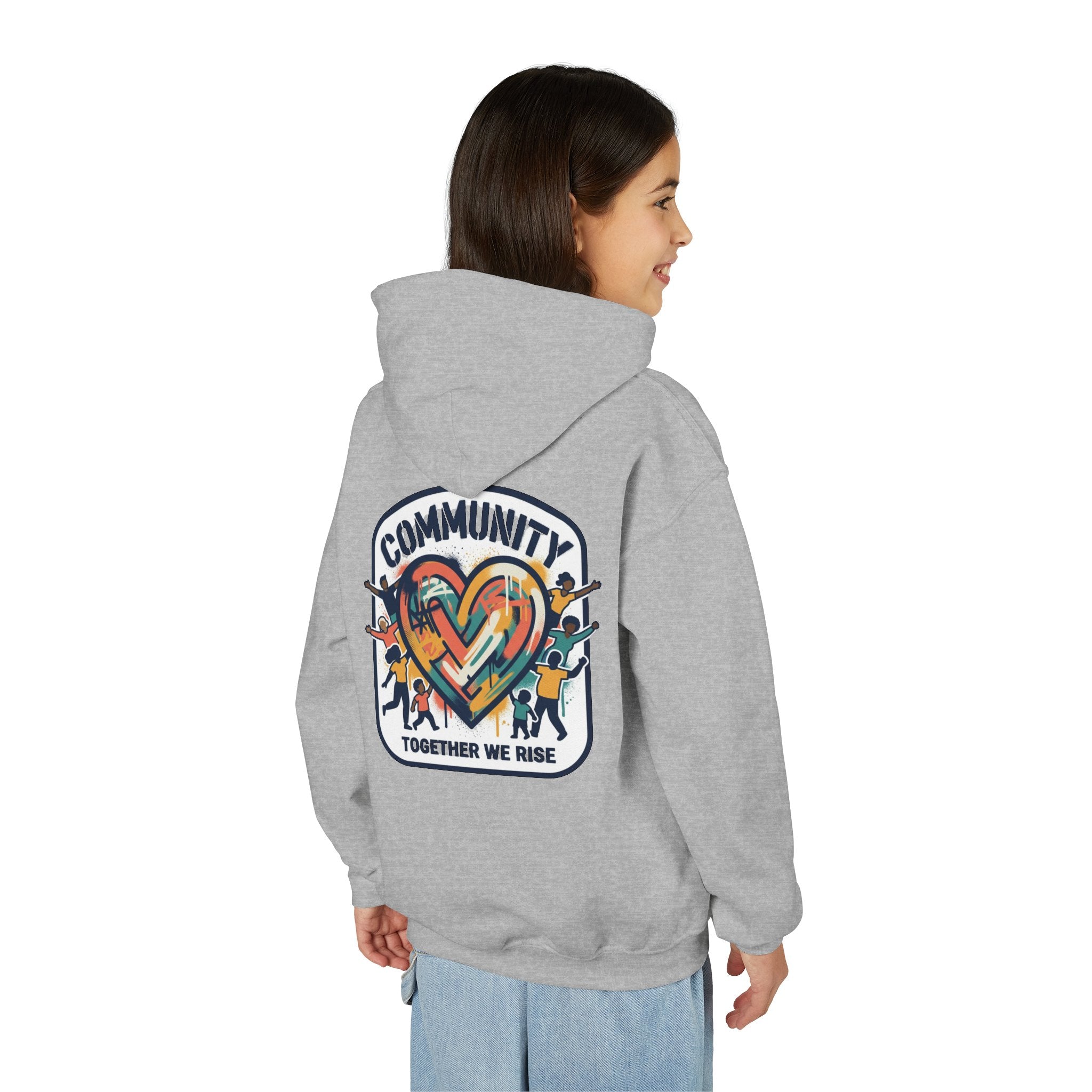 Youth Hoodie - "Community Together We Rise" Heart Graphic